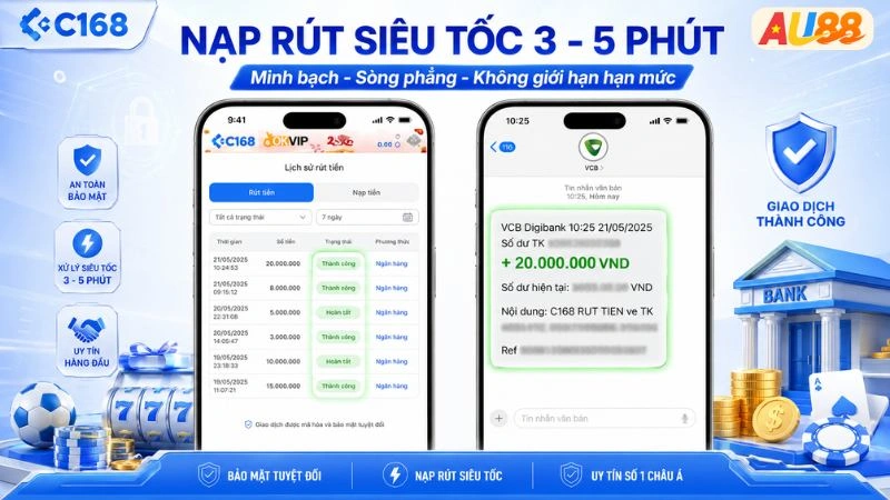 C168 15 Ảnh chụp màn hình lệnh rút tiền thành công tại C168 kèm tin nhắn biến động số dư ngân hàng, chứng minh tính sòng phẳng.